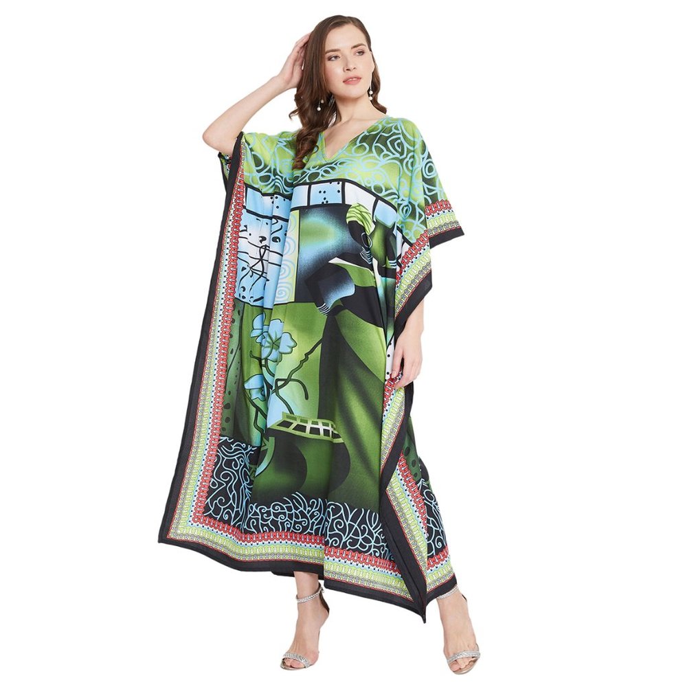 Floral Printed Green Polyester Plus Size Kaftan Dress for Women by Gypsie Blu - Picture 7 of 10